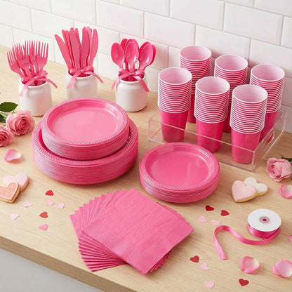 210Pcs Hot Pink Plastic Plates, Pink Disposable Plates for Party