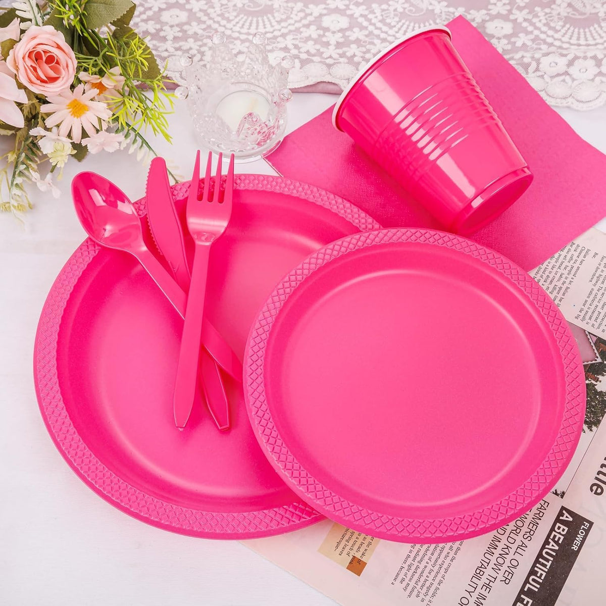 210Pcs Hot Pink Plastic Plates, Pink Disposable Plates for Party