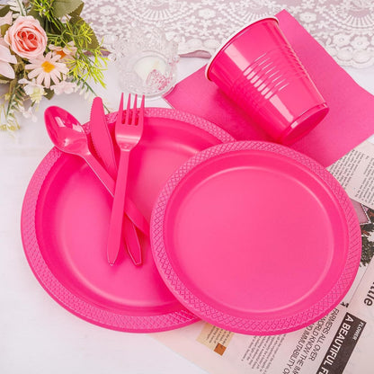 210Pcs Hot Pink Plastic Plates, Pink Disposable Plates for Party