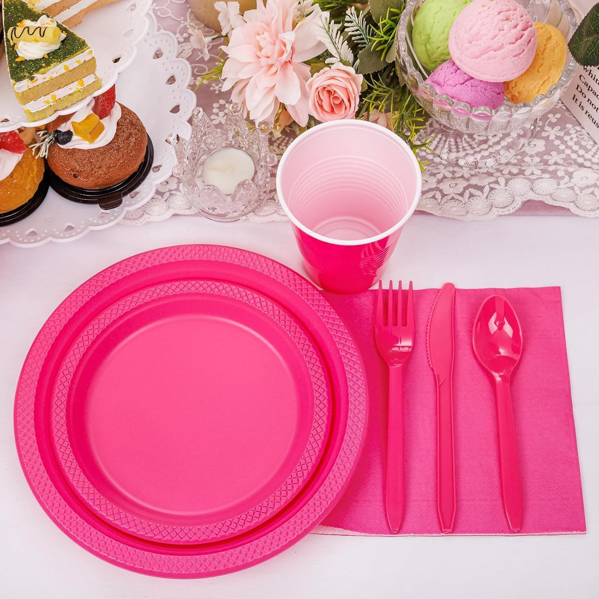 210Pcs Hot Pink Plastic Plates, Pink Disposable Plates for Party