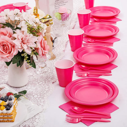 210Pcs Hot Pink Plastic Plates, Pink Disposable Plates for Party
