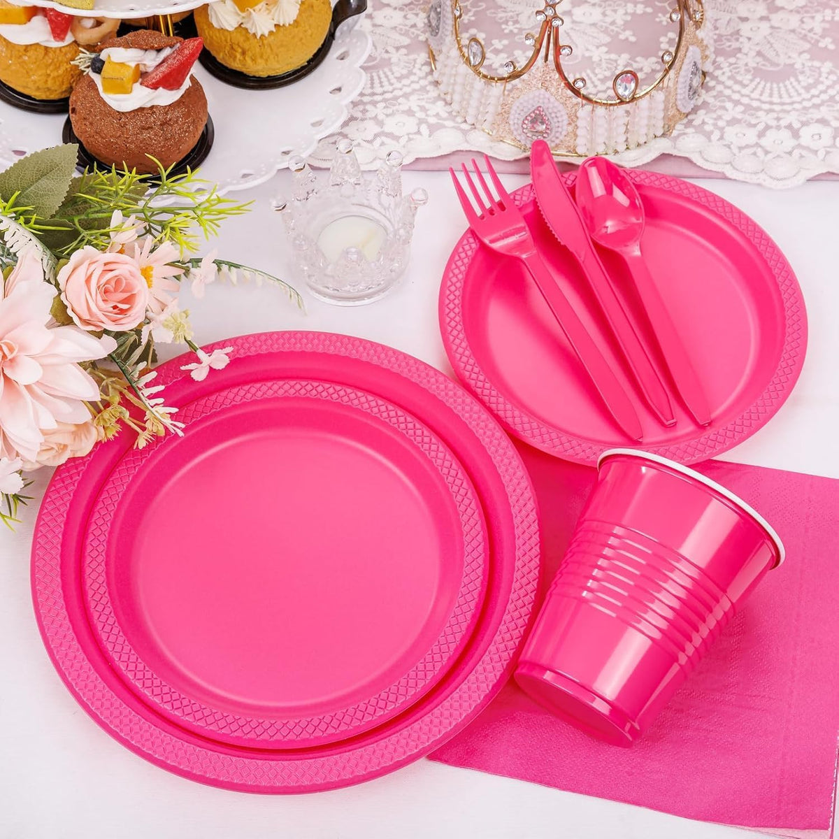 210Pcs Hot Pink Plastic Plates, Pink Disposable Plates for Party