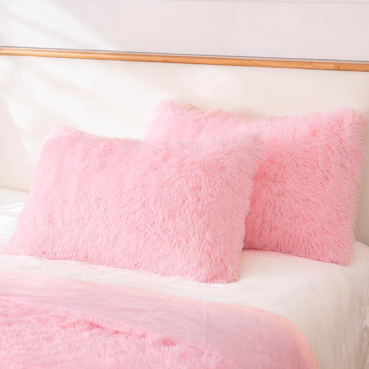 Faux Fur Fluffy Fuzzy Plush Pink Pillow Case Set of 2, Soft Decorative Pillow Covers for Bed, Bedroom, Living Room, Zipper Closure, Standard Size (20"x26", Pink)