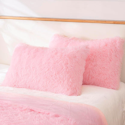 Faux Fur Fluffy Fuzzy Plush Pink Pillow Case Set of 2, Soft Decorative Pillow Covers for Bed, Bedroom, Living Room, Zipper Closure, Standard Size (20"x26", Pink)