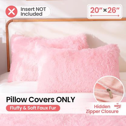 Faux Fur Fluffy Fuzzy Plush Pink Pillow Case Set of 2, Soft Decorative Pillow Covers for Bed, Bedroom, Living Room, Zipper Closure, Standard Size (20"x26", Pink)