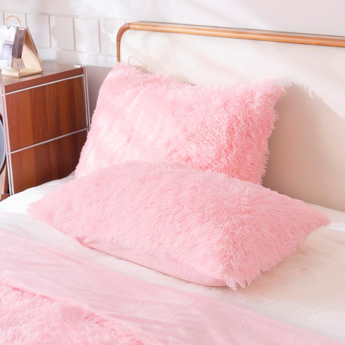 Faux Fur Fluffy Fuzzy Plush Pink Pillow Case Set of 2, Soft Decorative Pillow Covers for Bed, Bedroom, Living Room, Zipper Closure, Standard Size (20"x26", Pink)