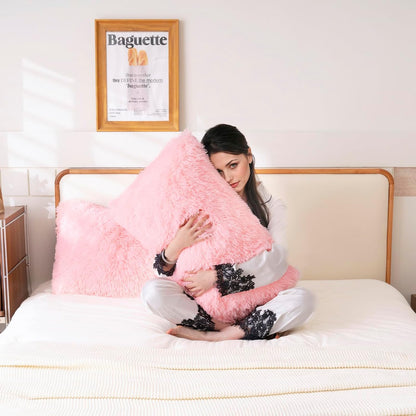 Faux Fur Fluffy Fuzzy Plush Pink Pillow Case Set of 2, Soft Decorative Pillow Covers for Bed, Bedroom, Living Room, Zipper Closure, Standard Size (20"x26", Pink)