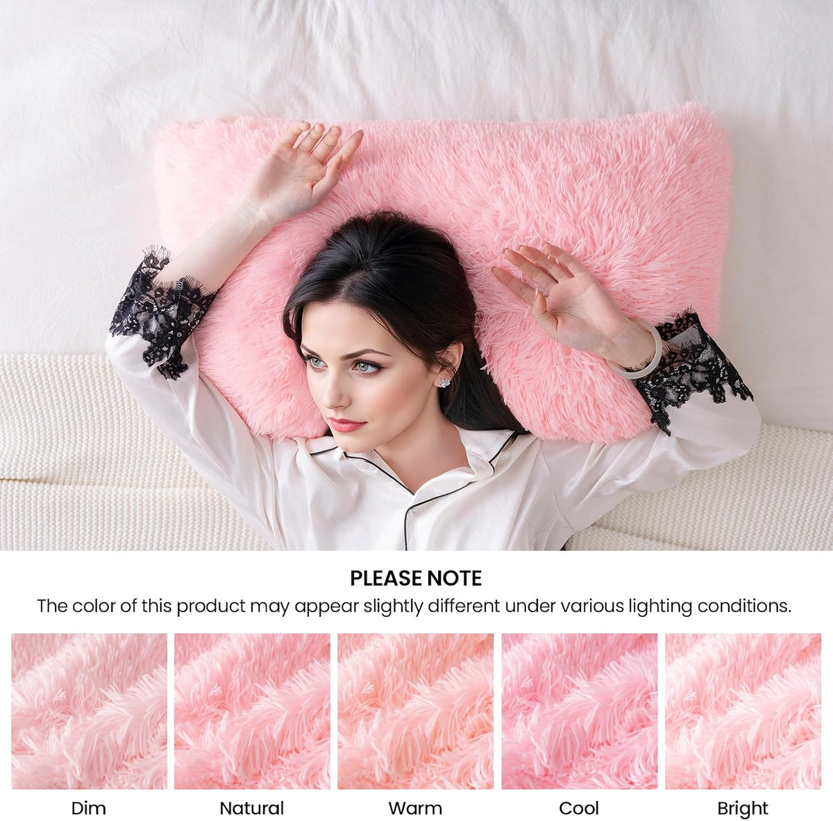 Faux Fur Fluffy Fuzzy Plush Pink Pillow Case Set of 2, Soft Decorative Pillow Covers for Bed, Bedroom, Living Room, Zipper Closure, Standard Size (20"x26", Pink)