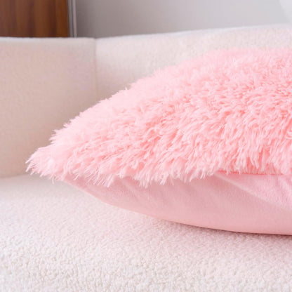 Faux Fur Fluffy Fuzzy Plush Pink Pillow Case Set of 2, Soft Decorative Pillow Covers for Bed, Bedroom, Living Room, Zipper Closure, Standard Size (20"x26", Pink)