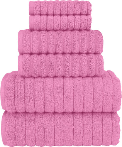 100% Turkish Cotton Corduroy Ribbed Luxury Bath Towels 6-Piece Set, Premium Feel - Quick Dry, Highly Absorbent, Contains 2 Bath Towels, 2 Hand Towels, and 2 Washcloths, Light Pink