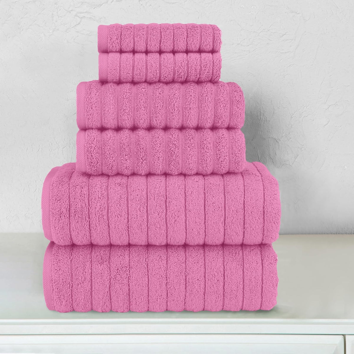 100% Turkish Cotton Corduroy Ribbed Luxury Bath Towels 6-Piece Set, Premium Feel - Quick Dry, Highly Absorbent, Contains 2 Bath Towels, 2 Hand Towels, and 2 Washcloths, Light Pink