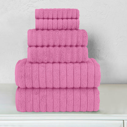 100% Turkish Cotton Corduroy Ribbed Luxury Bath Towels 6-Piece Set, Premium Feel - Quick Dry, Highly Absorbent, Contains 2 Bath Towels, 2 Hand Towels, and 2 Washcloths, Light Pink
