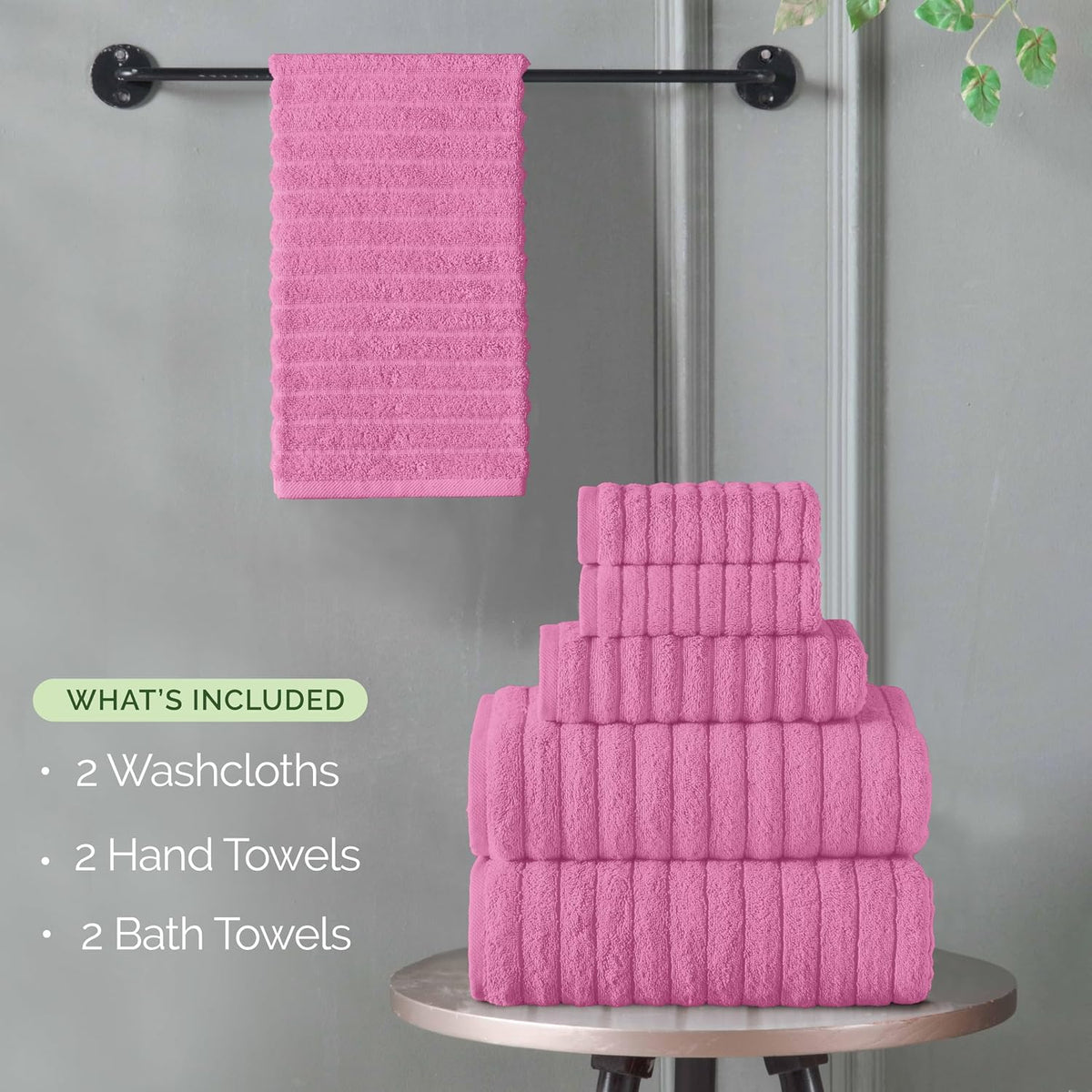 100% Turkish Cotton Corduroy Ribbed Luxury Bath Towels 6-Piece Set, Premium Feel - Quick Dry, Highly Absorbent, Contains 2 Bath Towels, 2 Hand Towels, and 2 Washcloths, Light Pink