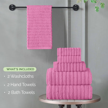 100% Turkish Cotton Corduroy Ribbed Luxury Bath Towels 6-Piece Set, Premium Feel - Quick Dry, Highly Absorbent, Contains 2 Bath Towels, 2 Hand Towels, and 2 Washcloths, Light Pink