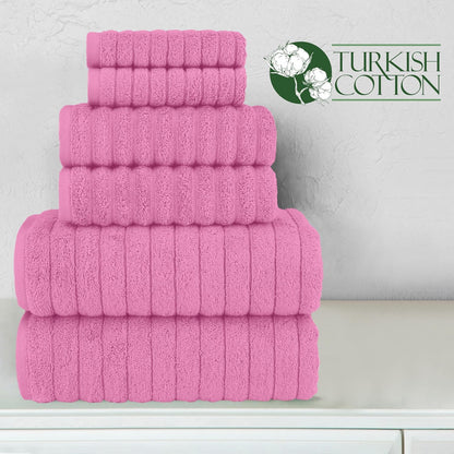 100% Turkish Cotton Corduroy Ribbed Luxury Bath Towels 6-Piece Set, Premium Feel - Quick Dry, Highly Absorbent, Contains 2 Bath Towels, 2 Hand Towels, and 2 Washcloths, Light Pink