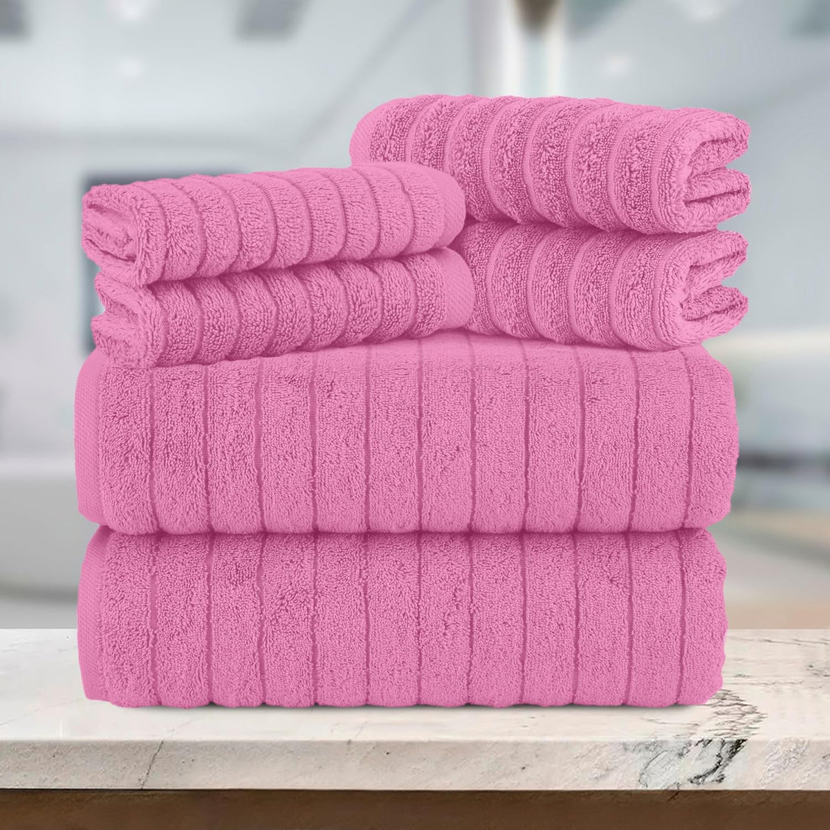 100% Turkish Cotton Corduroy Ribbed Luxury Bath Towels 6-Piece Set, Premium Feel - Quick Dry, Highly Absorbent, Contains 2 Bath Towels, 2 Hand Towels, and 2 Washcloths, Light Pink