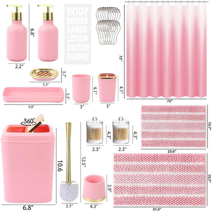 XLHOMO 25PCS Pink Bathroom Accessories Sets Complete, with Shower Curtain, Rugs, Trash Can and Toilet Brush, Toothbrush Holder and Cup, Soap Dispenser, Soap Dish, Qtip Holder, Bathroom Decor Sets