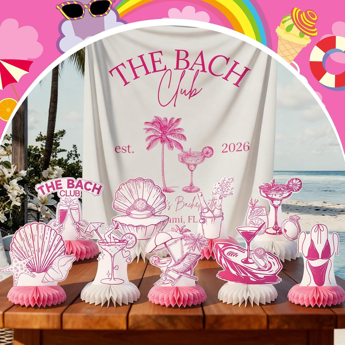 9 Pcs Beach Bachelorette Honeycomb Centerpieces Pink Seashells