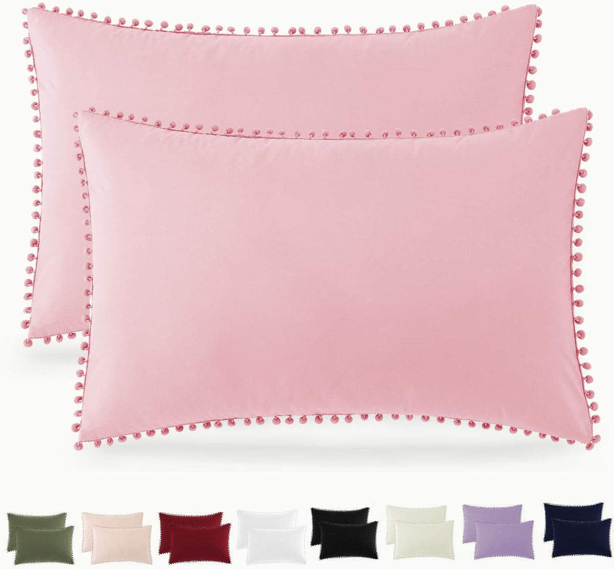 Pom Poms Pillow Shams Standard Size Set of 2, Pink Decorative Pillowcases with Envelope Closure, Soft Microfiber Shams Cover with Pom Pom Trim, Wrinkle Resistant (20 x 26 Inches)