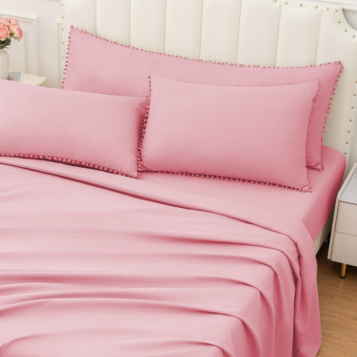 Pom Poms Pillow Shams Standard Size Set of 2, Pink Decorative Pillowcases with Envelope Closure, Soft Microfiber Shams Cover with Pom Pom Trim, Wrinkle Resistant (20 x 26 Inches)