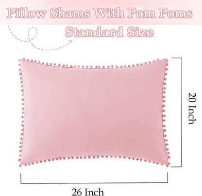 Pom Poms Pillow Shams Standard Size Set of 2, Pink Decorative Pillowcases with Envelope Closure, Soft Microfiber Shams Cover with Pom Pom Trim, Wrinkle Resistant (20 x 26 Inches)