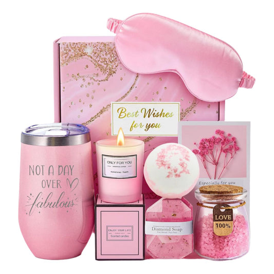 Luxury Gift Box for Women - Spa Self Care Basket with Tumbler, Bath Salts, Candle, Silk Eye Mask | Birthday, Valentine's, Mother's Day Present (Pink/Purple) (Pink)