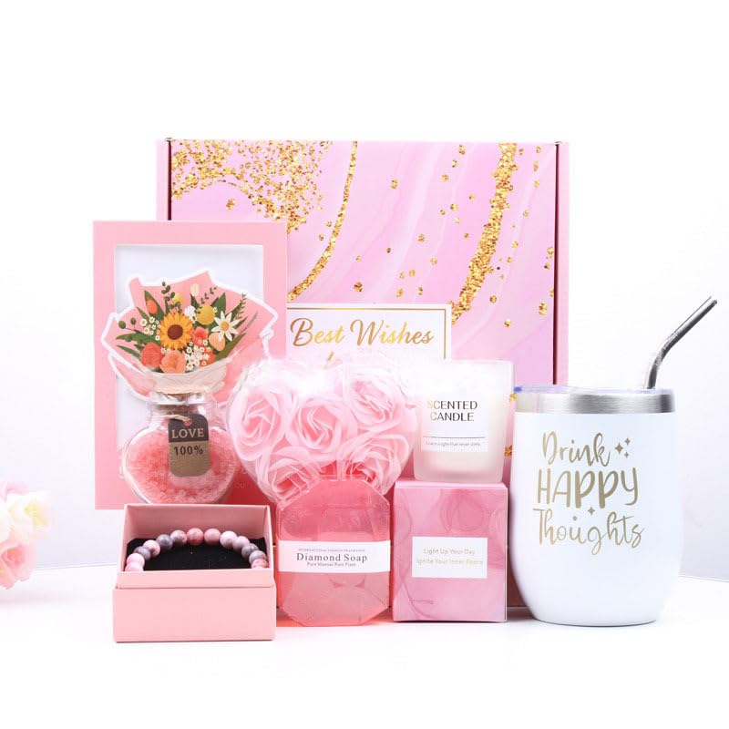 Luxury Gift Box for Women - Spa Self Care Basket with Tumbler, Bath Salts, Candle, Silk Eye Mask | Birthday, Valentine's, Mother's Day Present (Pink/Purple) (Pink)