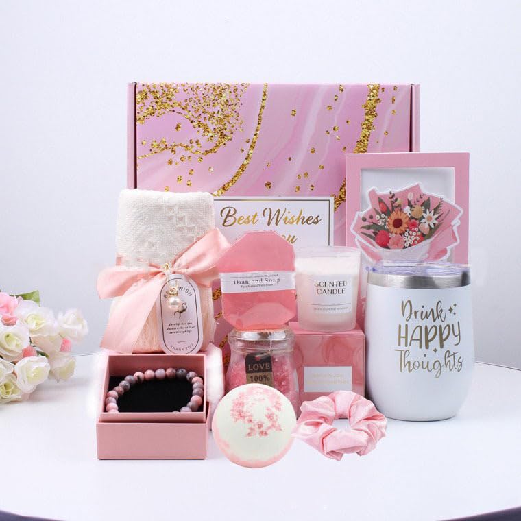 Luxury Gift Box for Women - Spa Self Care Basket with Tumbler, Bath Salts, Candle, Silk Eye Mask | Birthday, Valentine's, Mother's Day Present (Pink/Purple) (Pink)