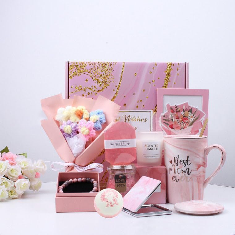Luxury Gift Box for Women - Spa Self Care Basket with Tumbler, Bath Salts, Candle, Silk Eye Mask | Birthday, Valentine's, Mother's Day Present (Pink/Purple) (Pink)