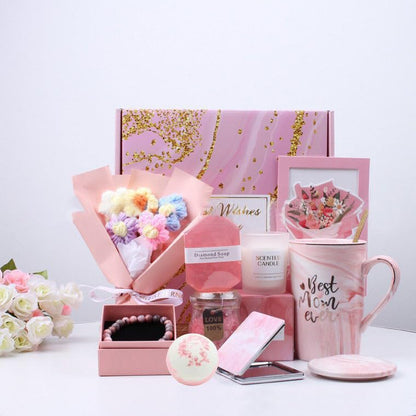 Luxury Gift Box for Women - Spa Self Care Basket with Tumbler, Bath Salts, Candle, Silk Eye Mask | Birthday, Valentine's, Mother's Day Present (Pink/Purple) (Pink)