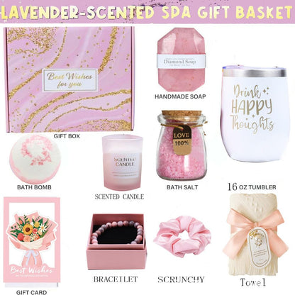 Luxury Gift Box for Women - Spa Self Care Basket with Tumbler, Bath Salts, Candle, Silk Eye Mask | Birthday, Valentine's, Mother's Day Present (Pink/Purple) (Pink)