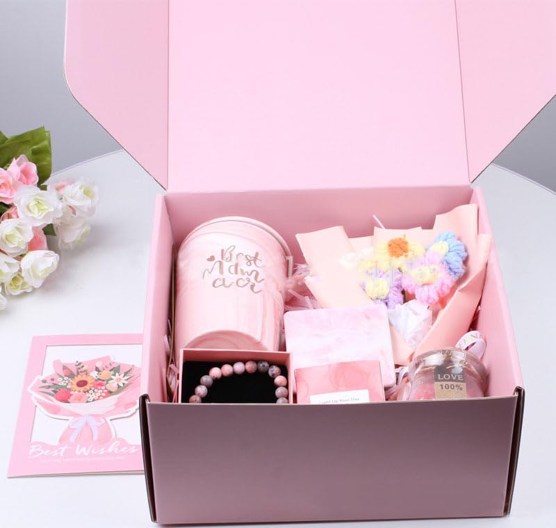 Luxury Gift Box for Women - Spa Self Care Basket with Tumbler, Bath Salts, Candle, Silk Eye Mask | Birthday, Valentine's, Mother's Day Present (Pink/Purple) (Pink)