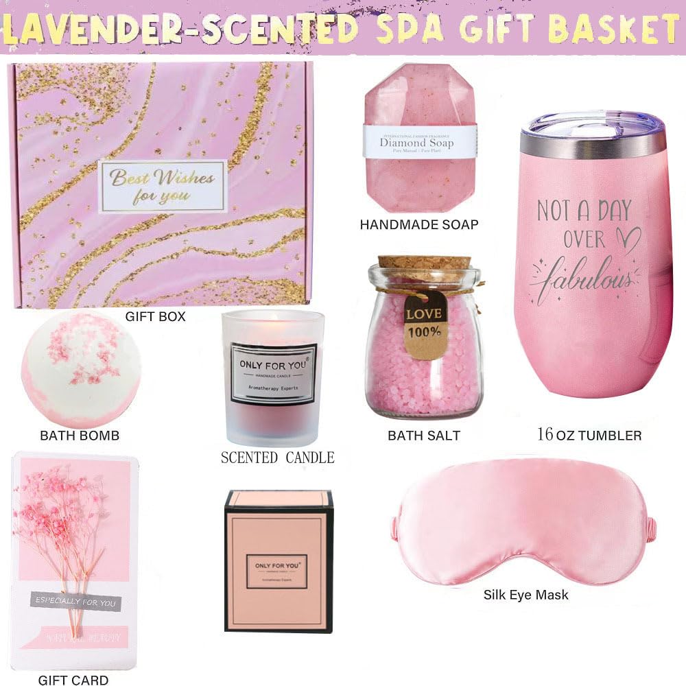 Luxury Gift Box for Women - Spa Self Care Basket with Tumbler, Bath Salts, Candle, Silk Eye Mask | Birthday, Valentine's, Mother's Day Present (Pink/Purple) (Pink)