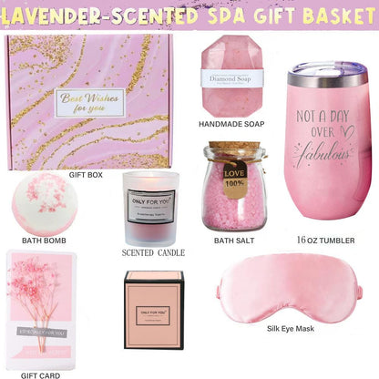 Luxury Gift Box for Women - Spa Self Care Basket with Tumbler, Bath Salts, Candle, Silk Eye Mask | Birthday, Valentine's, Mother's Day Present (Pink/Purple) (Pink)