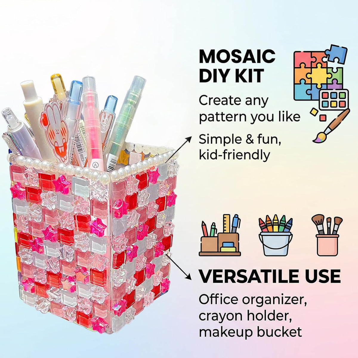 Mosaic Pen Holder Kit, Acrylic Tile Craft Set Creates Desk Organizer, Crystal DIY for Adults Beginners Home Decor (Pink)