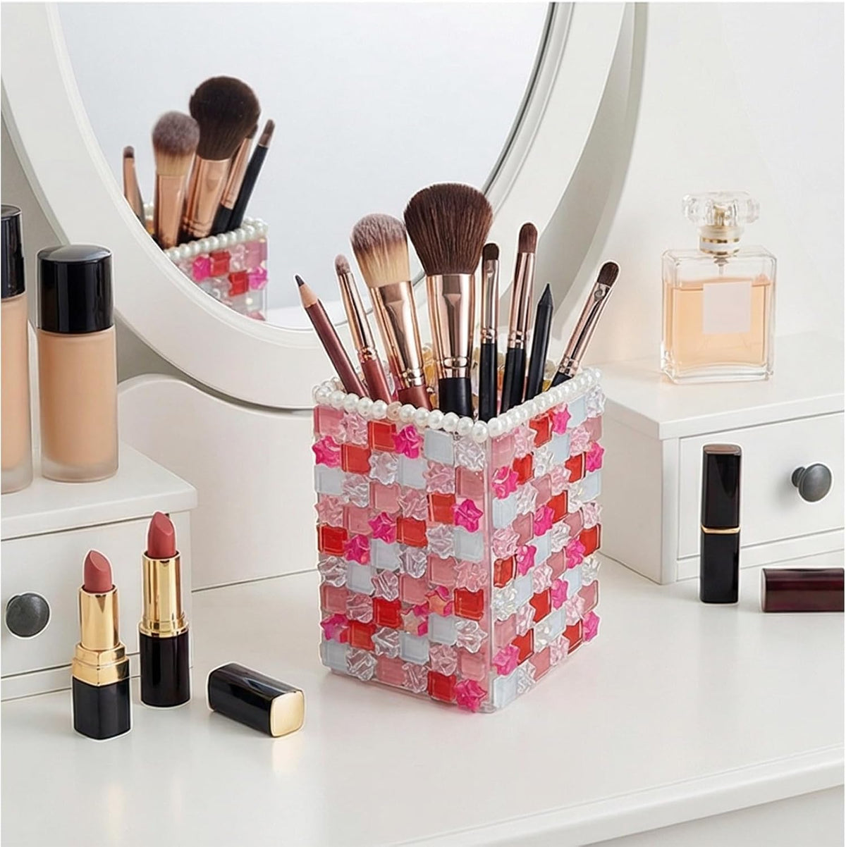 Mosaic Pen Holder Kit, Acrylic Tile Craft Set Creates Desk Organizer, Crystal DIY for Adults Beginners Home Decor (Pink)