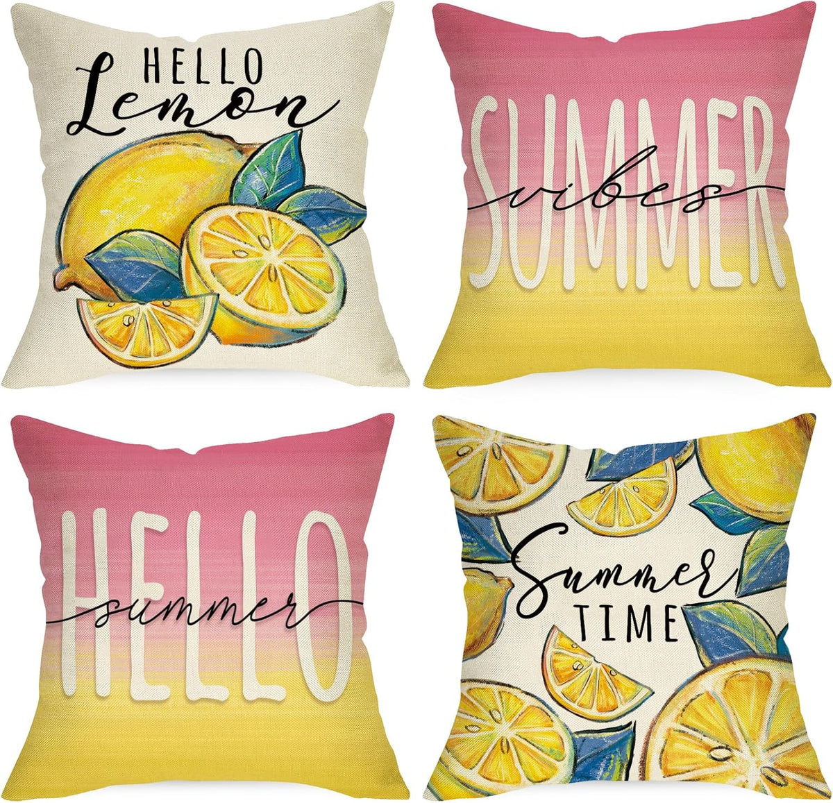 Hello Summer Lemon Decorative Throw Pillow Covers 18 x 18 Set of 4
