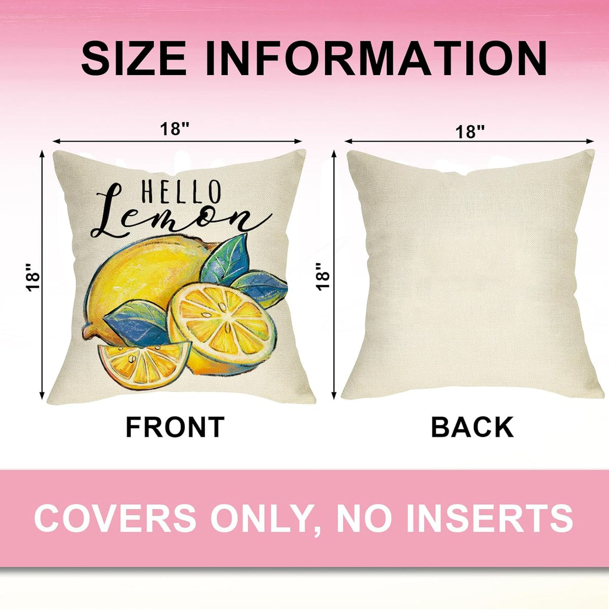 Hello Summer Lemon Decorative Throw Pillow Covers 18 x 18 Set of 4