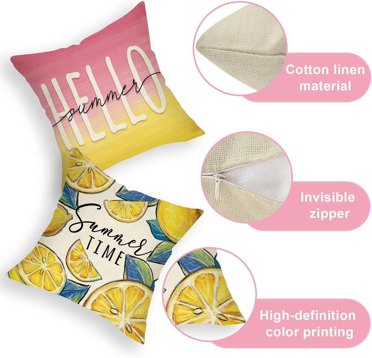 Hello Summer Lemon Decorative Throw Pillow Covers 18 x 18 Set of 4