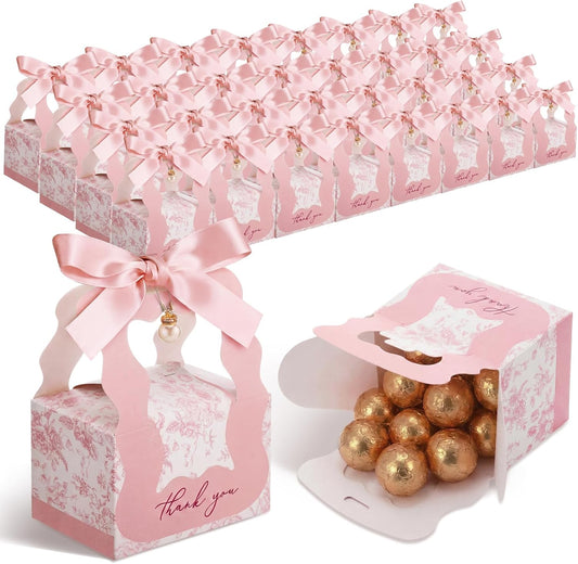 ForraFun 100 Sets Floral Wedding Favor Boxes with Pearl Pendant Bow Ribbon Floral Wedding Party Candy Boxes Bridal Gift for Guests Bridal Shower Birthday Party Anniversary Supplies (Pink)