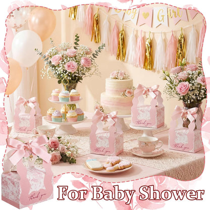 ForraFun 100 Sets Floral Wedding Favor Boxes with Pearl Pendant Bow Ribbon Floral Wedding Party Candy Boxes Bridal Gift for Guests Bridal Shower Birthday Party Anniversary Supplies (Pink)