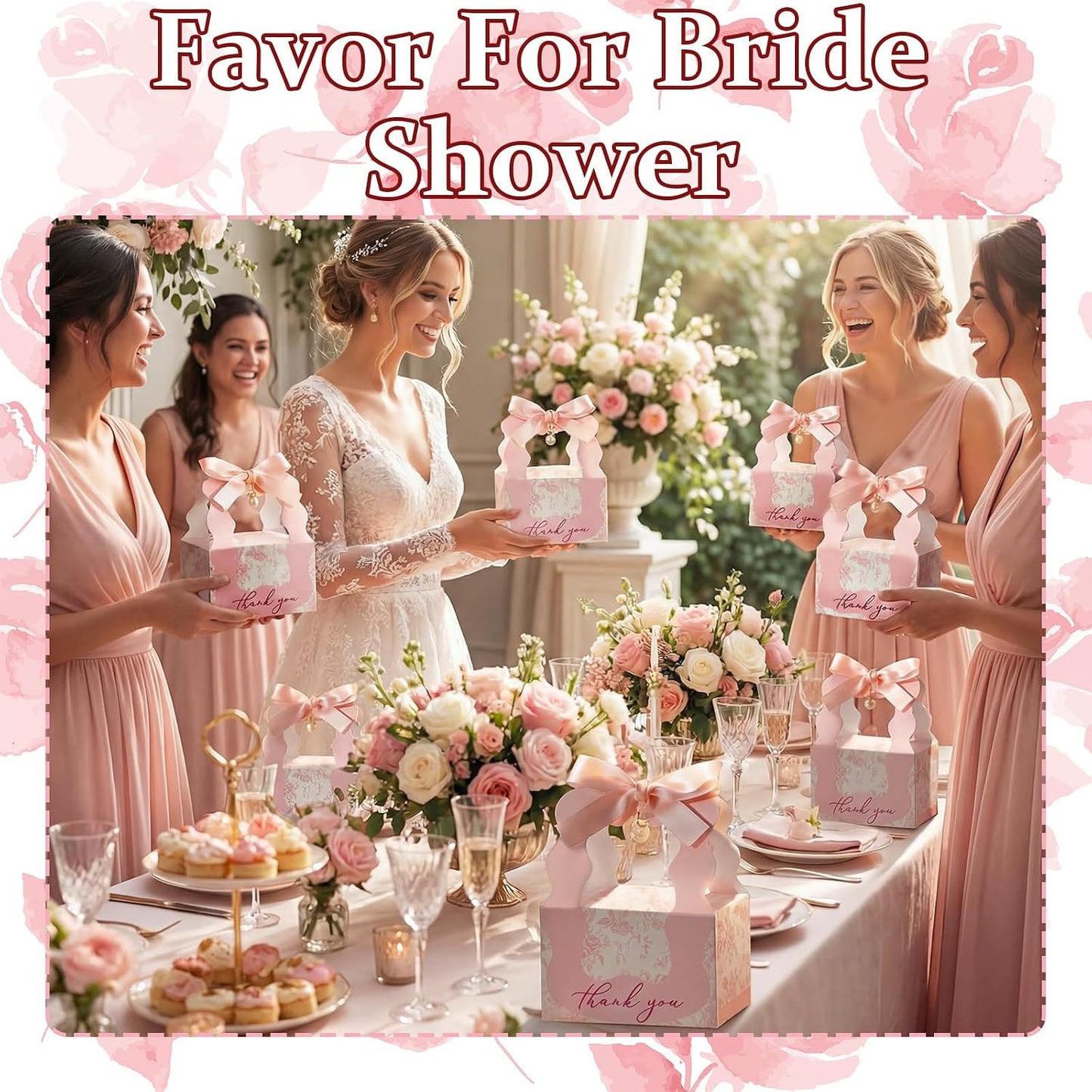 ForraFun 100 Sets Floral Wedding Favor Boxes with Pearl Pendant Bow Ribbon Floral Wedding Party Candy Boxes Bridal Gift for Guests Bridal Shower Birthday Party Anniversary Supplies (Pink)