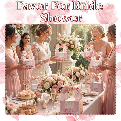 ForraFun 100 Sets Floral Wedding Favor Boxes with Pearl Pendant Bow Ribbon Floral Wedding Party Candy Boxes Bridal Gift for Guests Bridal Shower Birthday Party Anniversary Supplies (Pink)