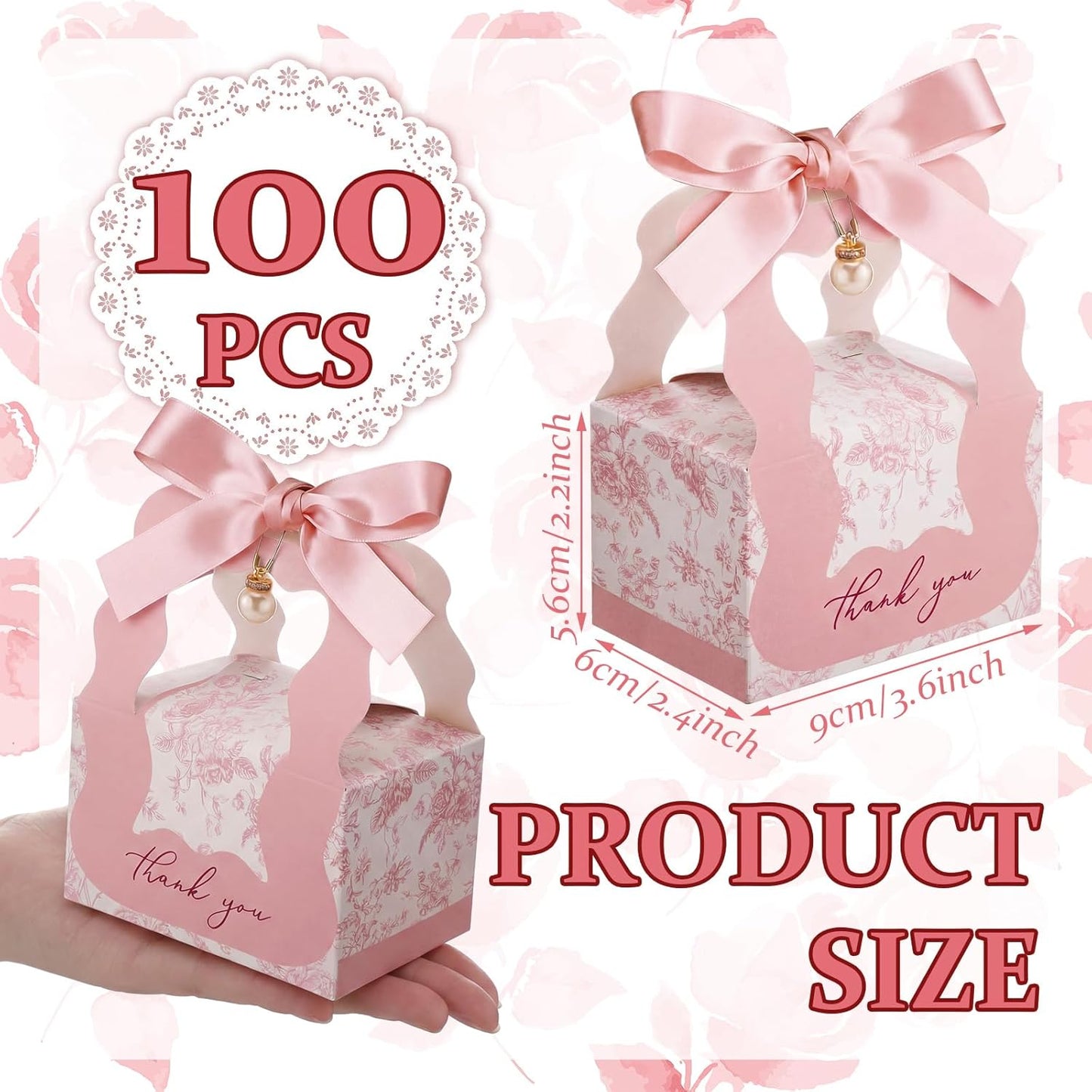 ForraFun 100 Sets Floral Wedding Favor Boxes with Pearl Pendant Bow Ribbon Floral Wedding Party Candy Boxes Bridal Gift for Guests Bridal Shower Birthday Party Anniversary Supplies (Pink)
