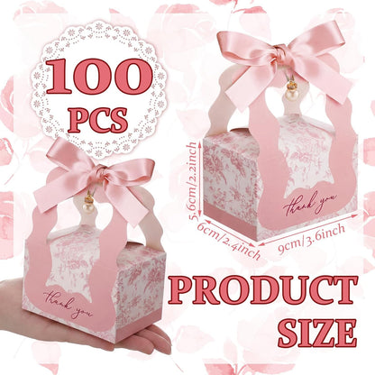 ForraFun 100 Sets Floral Wedding Favor Boxes with Pearl Pendant Bow Ribbon Floral Wedding Party Candy Boxes Bridal Gift for Guests Bridal Shower Birthday Party Anniversary Supplies (Pink)