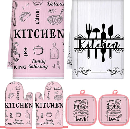 6 Kitchen Towels Sets Kitchen Decor Accessories Set with Oven Mitts and Pot Holders Farmhouse Oven Glove Decor for Cooking Baking Grilling Supplies(Pink,Vivid)