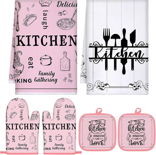 6 Kitchen Towels Sets Kitchen Decor Accessories Set with Oven Mitts and Pot Holders Farmhouse Oven Glove Decor for Cooking Baking Grilling Supplies(Pink,Vivid)