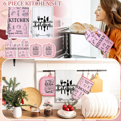 6 Kitchen Towels Sets Kitchen Decor Accessories Set with Oven Mitts and Pot Holders Farmhouse Oven Glove Decor for Cooking Baking Grilling Supplies(Pink,Vivid)