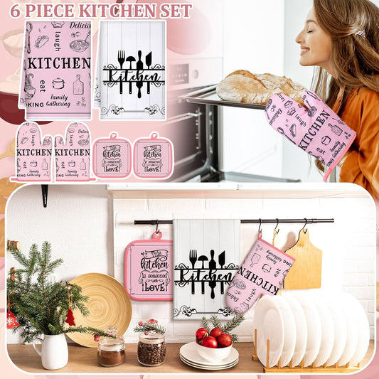 6 Kitchen Towels Sets Kitchen Decor Accessories Set with Oven Mitts and Pot Holders Farmhouse Oven Glove Decor for Cooking Baking Grilling Supplies(Pink,Vivid)