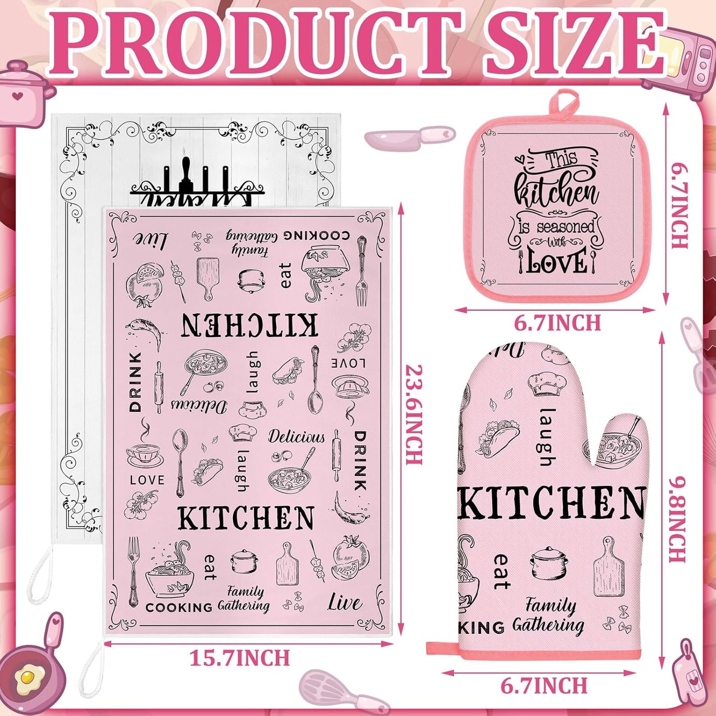 6 Kitchen Towels Sets Kitchen Decor Accessories Set with Oven Mitts and Pot Holders Farmhouse Oven Glove Decor for Cooking Baking Grilling Supplies(Pink,Vivid)